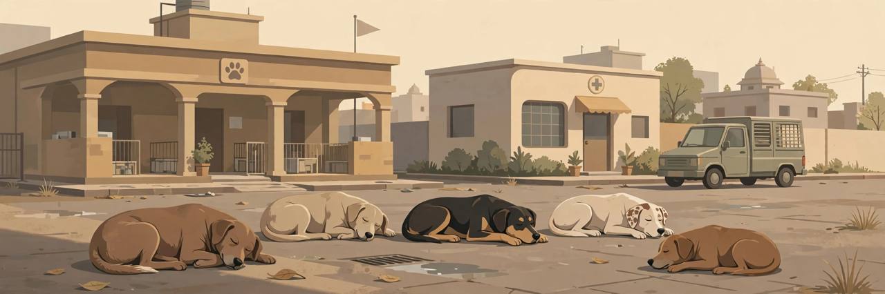 Editorial illustration of stray dogs resting on a city street in front of a municipal animal shelter and a veterinary clinic, with a dog-catching van parked nearby
