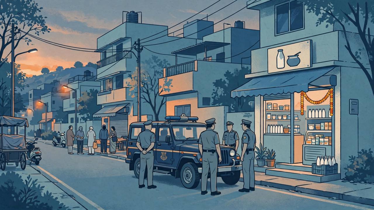 Editorial illustration of a Pune street at dusk with a police jeep near a small dairy shop in Katraj; the incident itself is not depicted