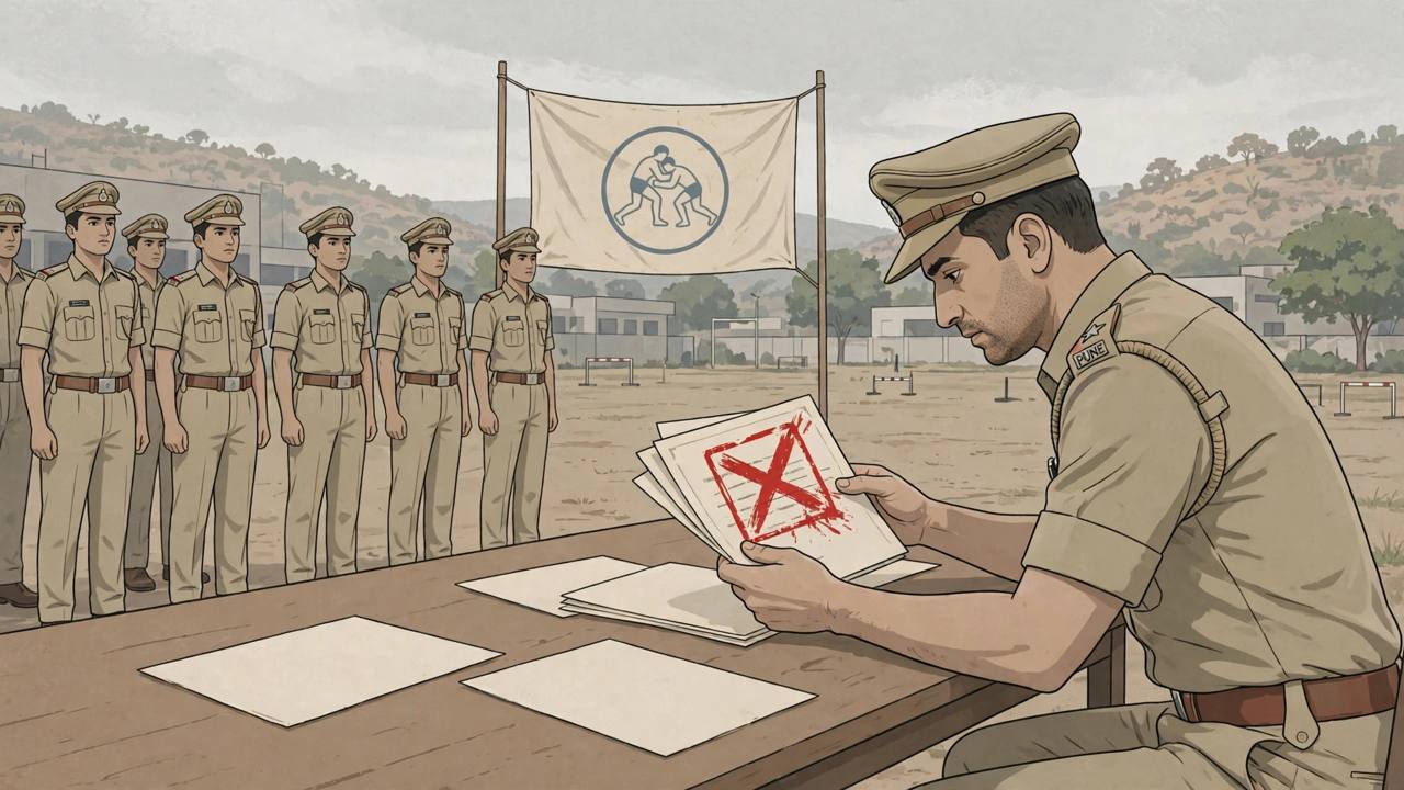Editorial illustration of a police officer examining certificates marked with a red cross while trainee constables stand in line at a training ground in Pune