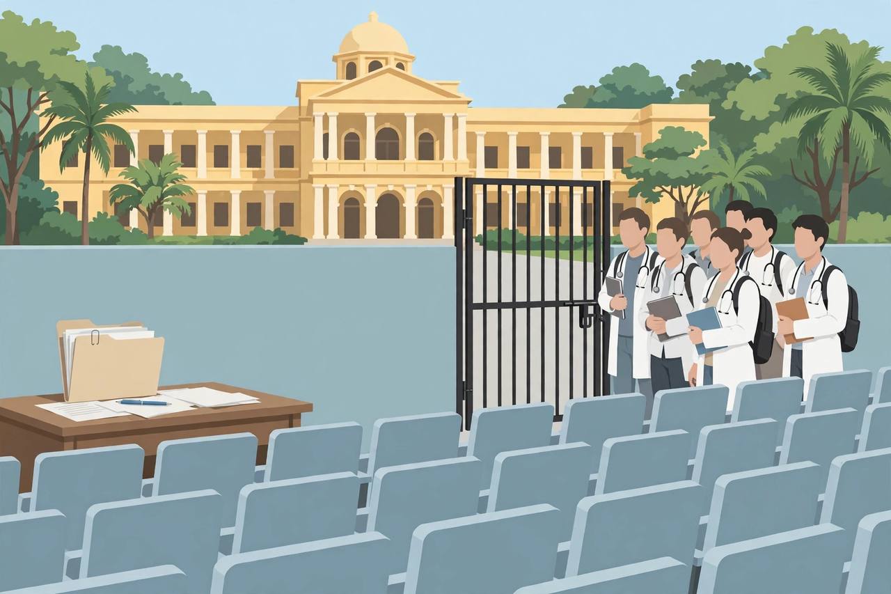 Editorial illustration of a medical college building with students waiting outside a closed admission office