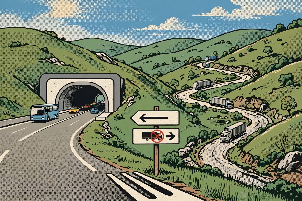 Editorial illustration of the Mumbai-Pune Expressway missing link tunnel, with cars and a bus using the new link while trucks take the older ghat road