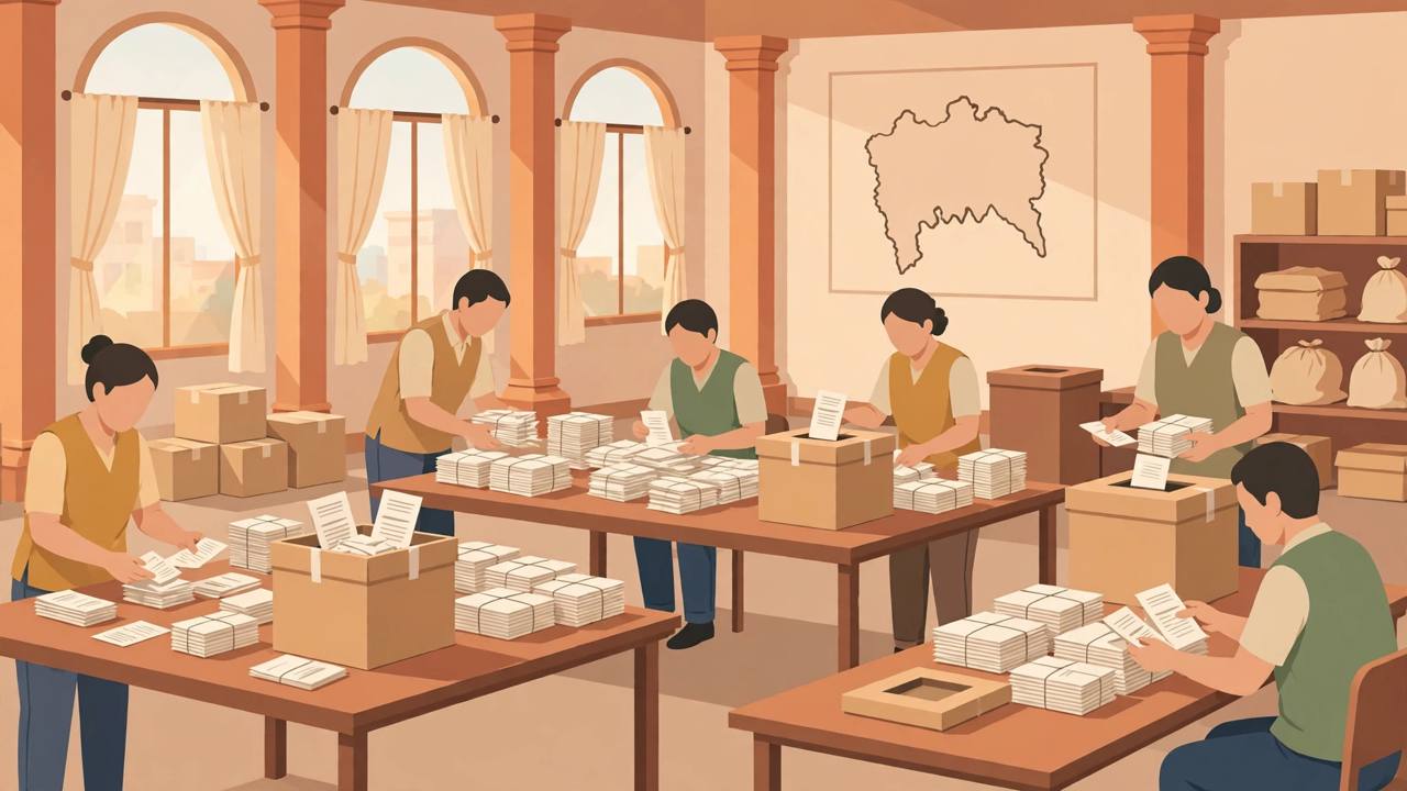 Editorial illustration of officials counting paper preference ballots at a Maharashtra Legislative Council counting hall