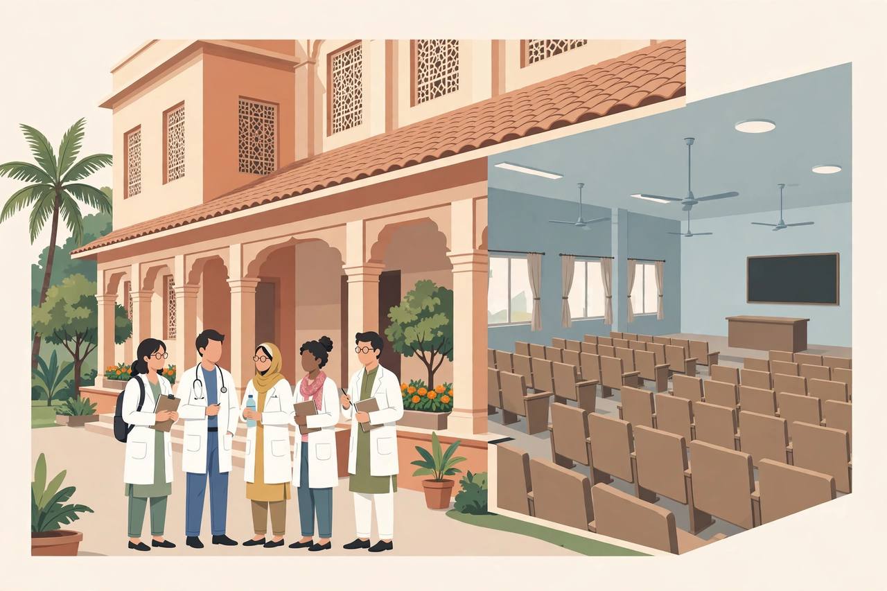 Editorial illustration of medical students outside a medical college in Maharashtra