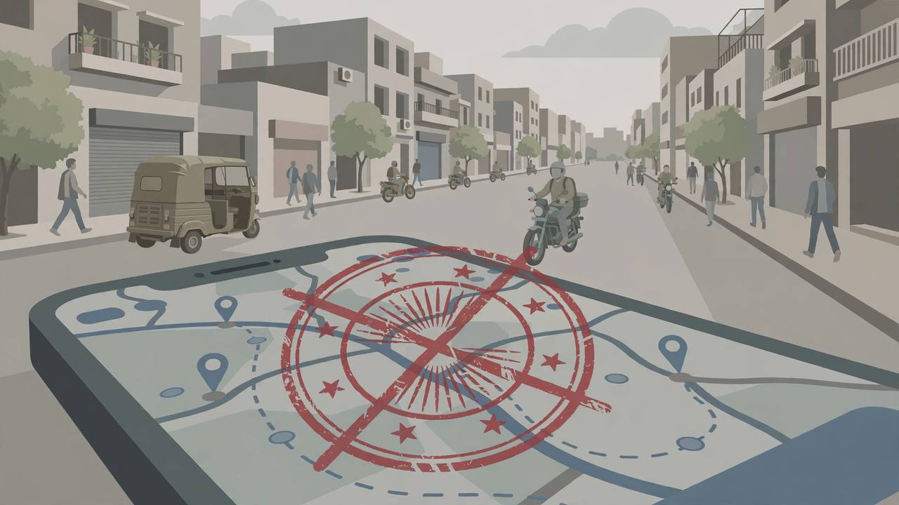 Editorial illustration of a bike-taxi rider in an Indian city with a smartphone showing a generic ride-hailing app and an official notice
