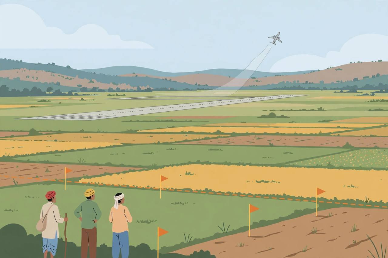 Editorial illustration of farmland marked for a proposed airport near Pune, with farmers looking across fields toward a runway outline