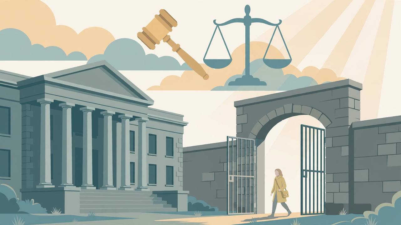 Editorial illustration of a courthouse and an open prison gate, with a generic woman walking out into morning light
