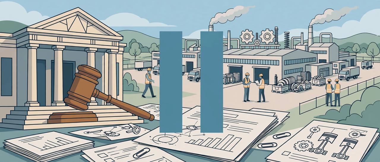 (Editorial illustration) A factory in Talegaon, Pune district, with a courthouse and gavel in the foreground and investigation papers under a pause symbol