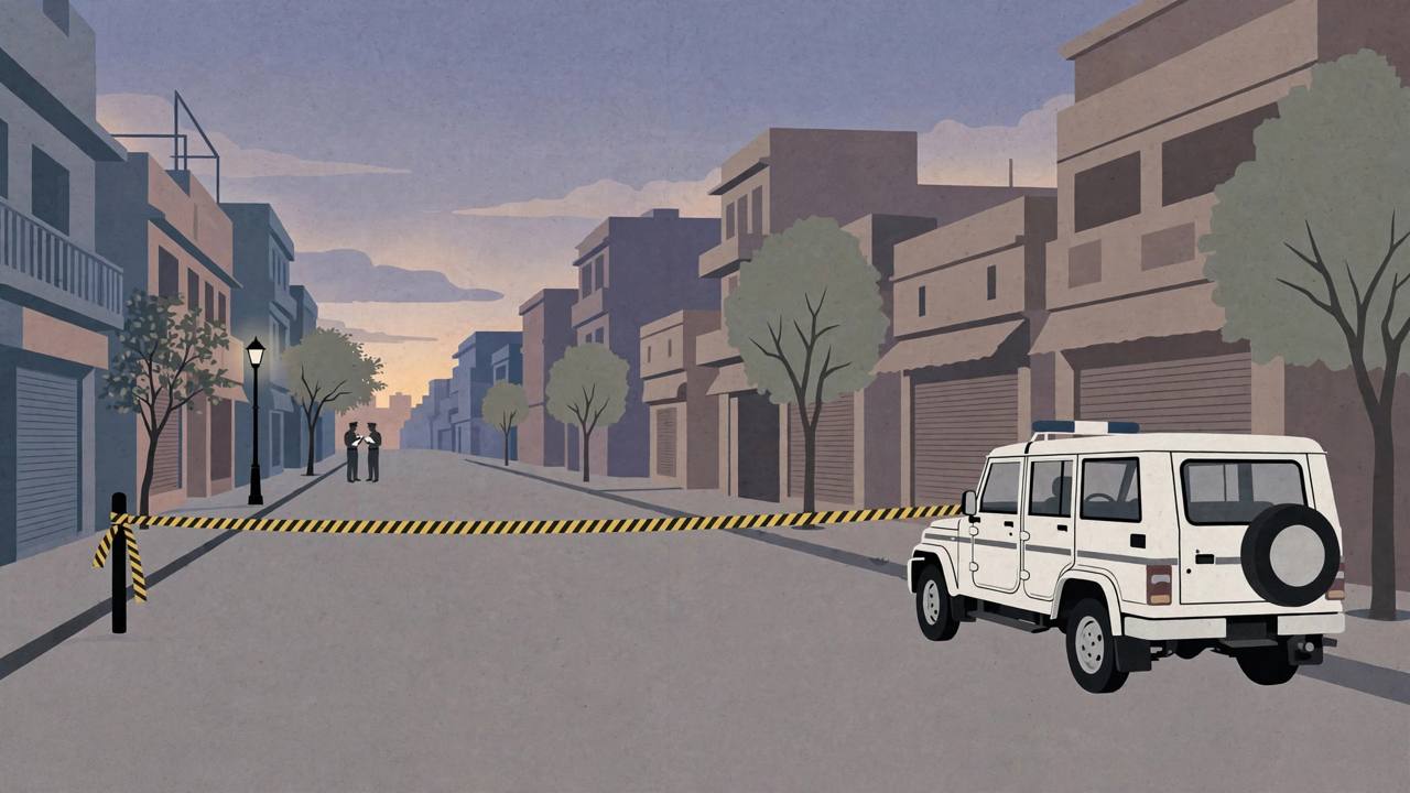 Editorial illustration of a police jeep and cordon tape on a quiet Maharashtra city street at dusk