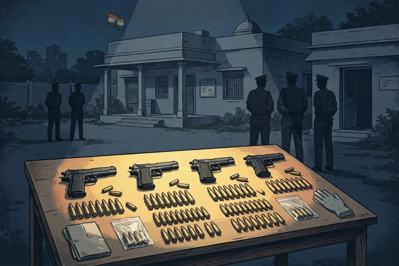 (Editorial illustration) Seized firearms and cartridges laid out on a police evidence table at night in Chhatrapati Sambhajinagar, with generic silhouetted police officers in the background