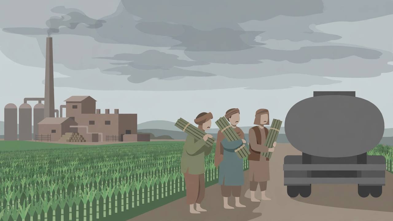 Editorial illustration of a Maharashtra sugar mill and sugarcane field with worried farmers