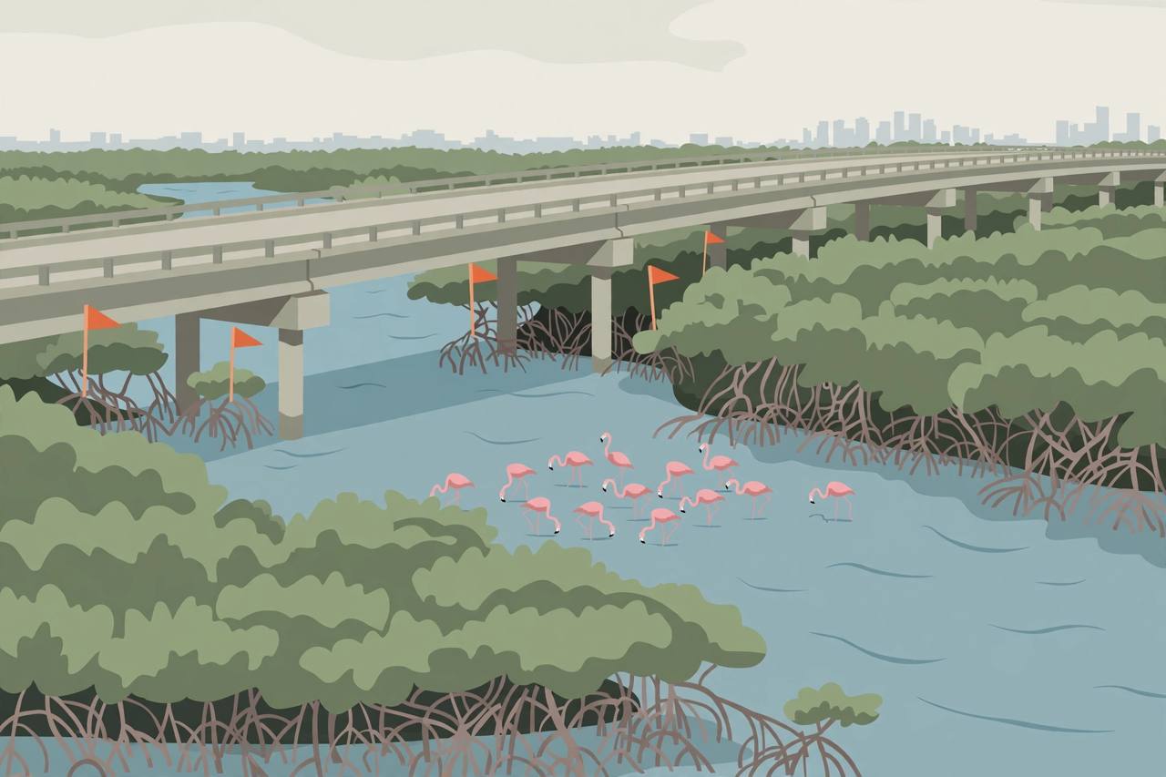 Editorial illustration of an elevated coastal road on piers crossing a mangrove-lined creek with pink flamingos wading in the water and orange survey flags among the mangroves