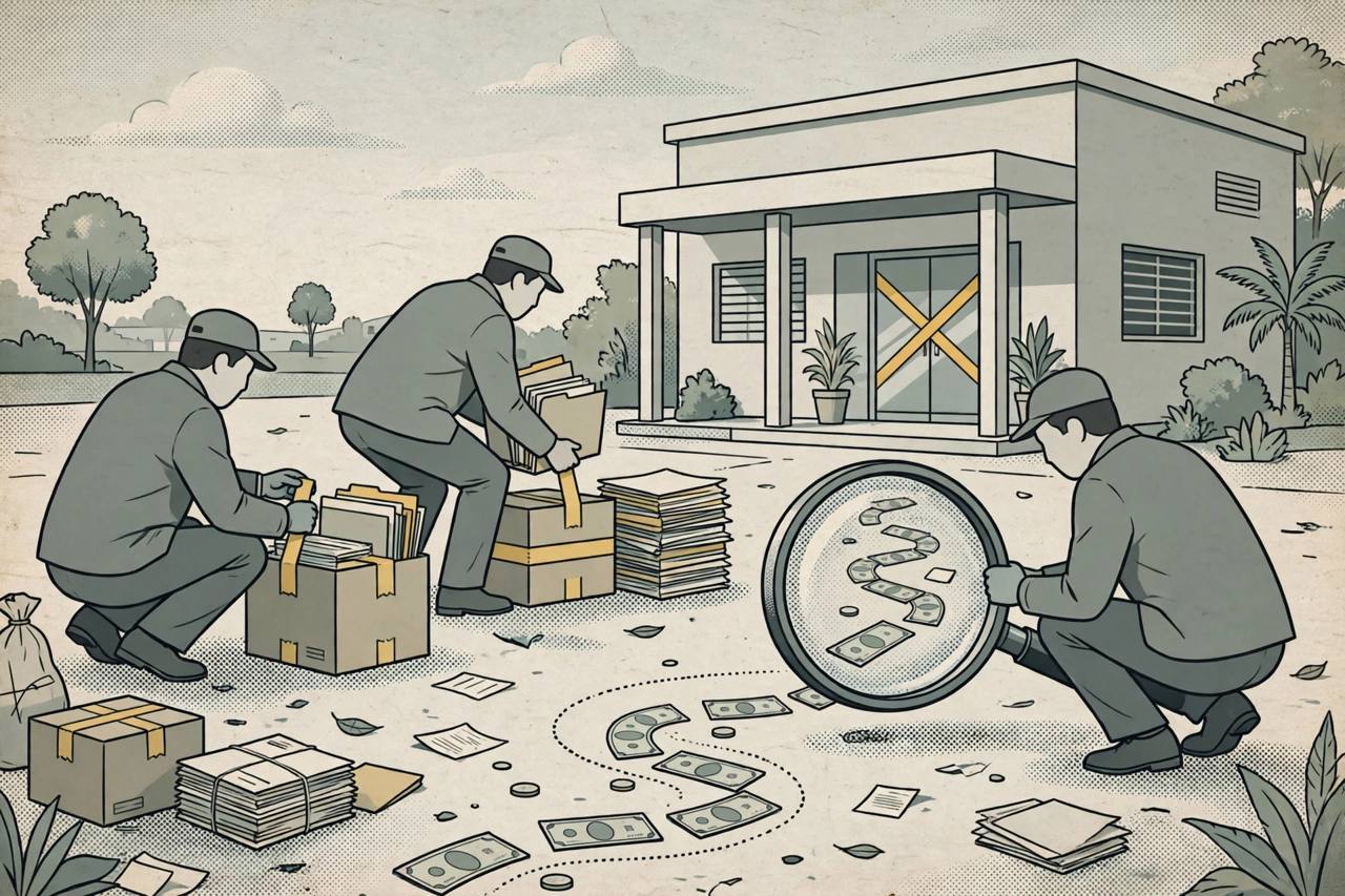 Editorial illustration of investigators sealing files outside a fertility clinic and following a money trail