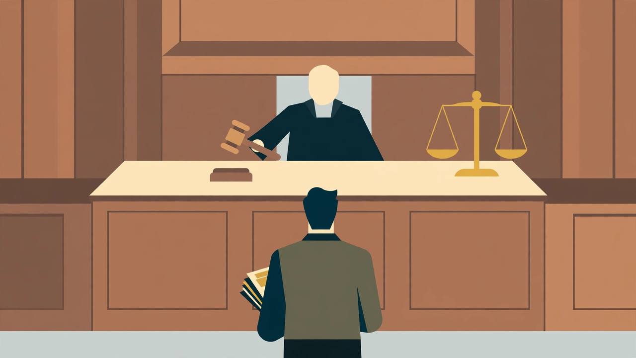 Editorial illustration of a judge holding a gavel at a courtroom bench with scales of justice, a lawyer standing in the foreground