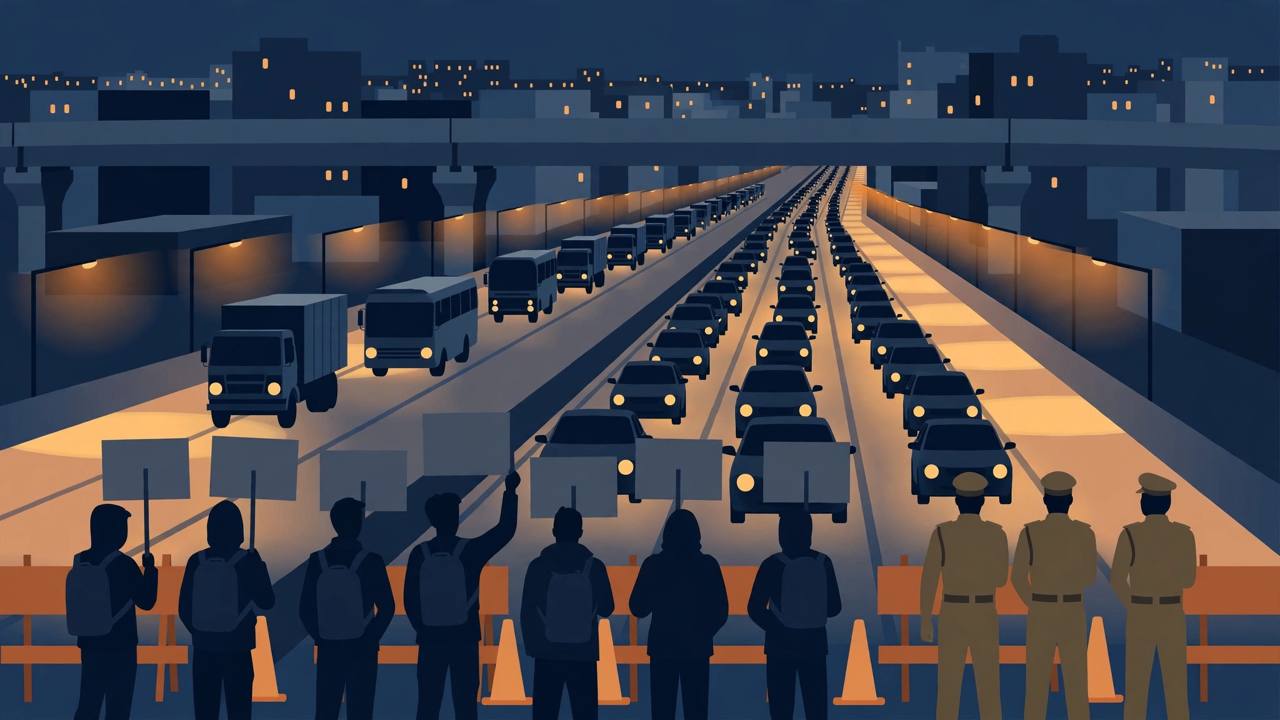 Editorial illustration of generic protesters seen from behind near a night-time highway blockade in Thane, with a long queue of stopped trucks, buses and cars, police barricades and city buildings in the background