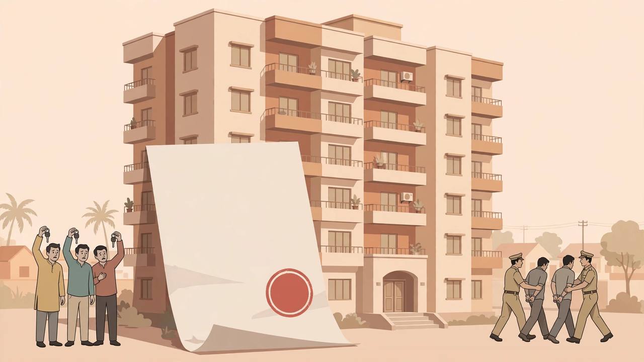 Editorial illustration of an eight-storey residential building in Virar with an oversized stamped approval document, police escorting two handcuffed men and flat buyers holding keys