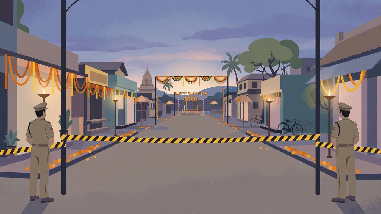 Editorial illustration of police keeping watch at a cordoned street in a Maharashtra town after a festival procession