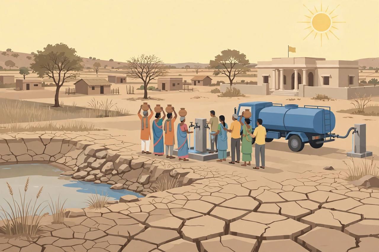 Editorial illustration of a dry Maharashtra village with a low reservoir, a water tanker and villagers queuing at a tap