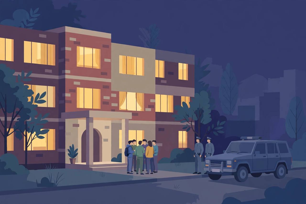 Flat editorial illustration of a university hostel building at night with lit windows, generic students gathered outside and a police vehicle nearby
