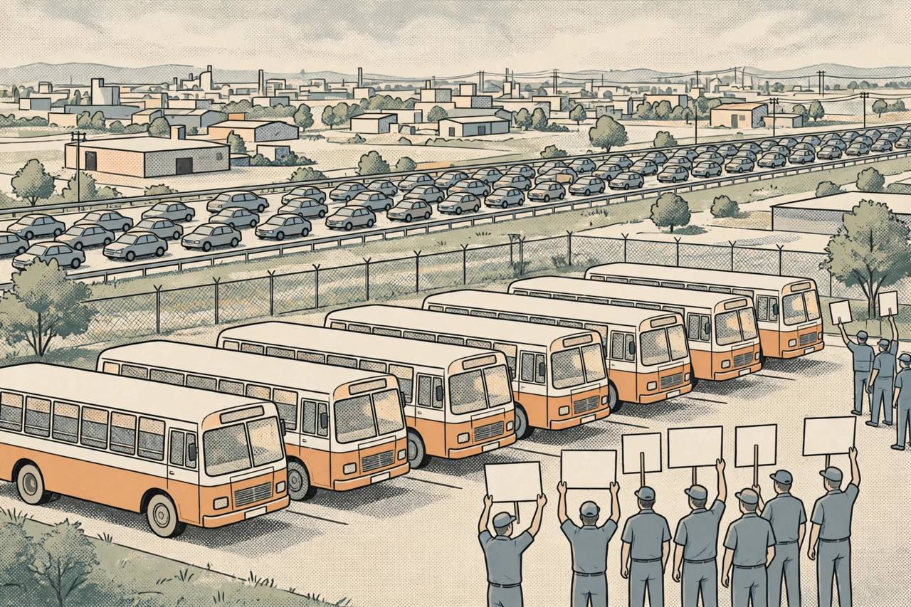 Editorial illustration of parked Punjab Roadways buses at a Mohali depot, workers with blank placards and a congested highway behind