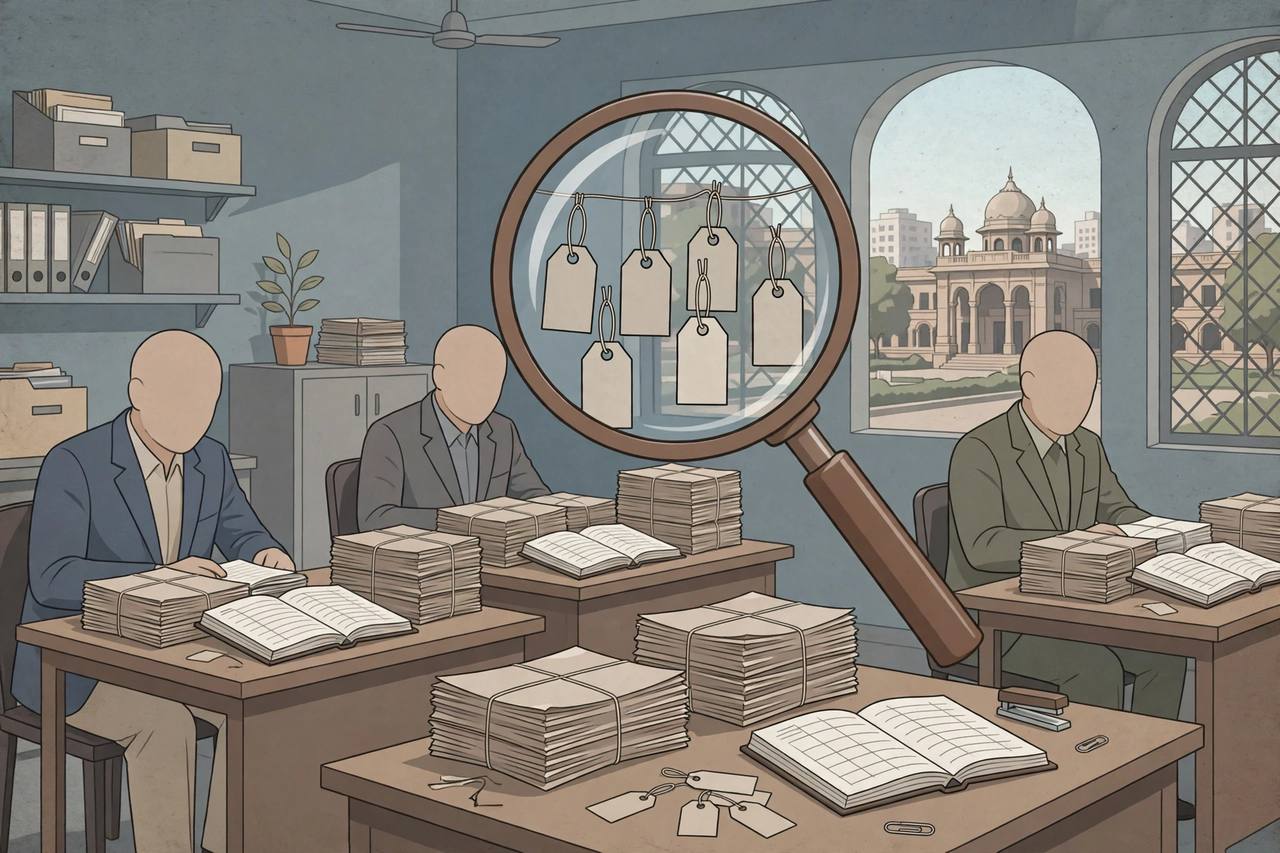 Editorial illustration of a municipal office in Bhopal with stacks of files, ledgers and a magnifying glass over price tags