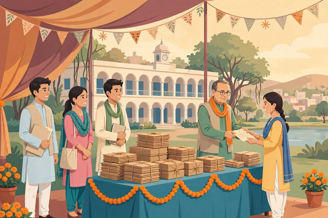 Editorial illustration of young appointees receiving appointment letters at a government ceremony in Bhopal with a school building in the background