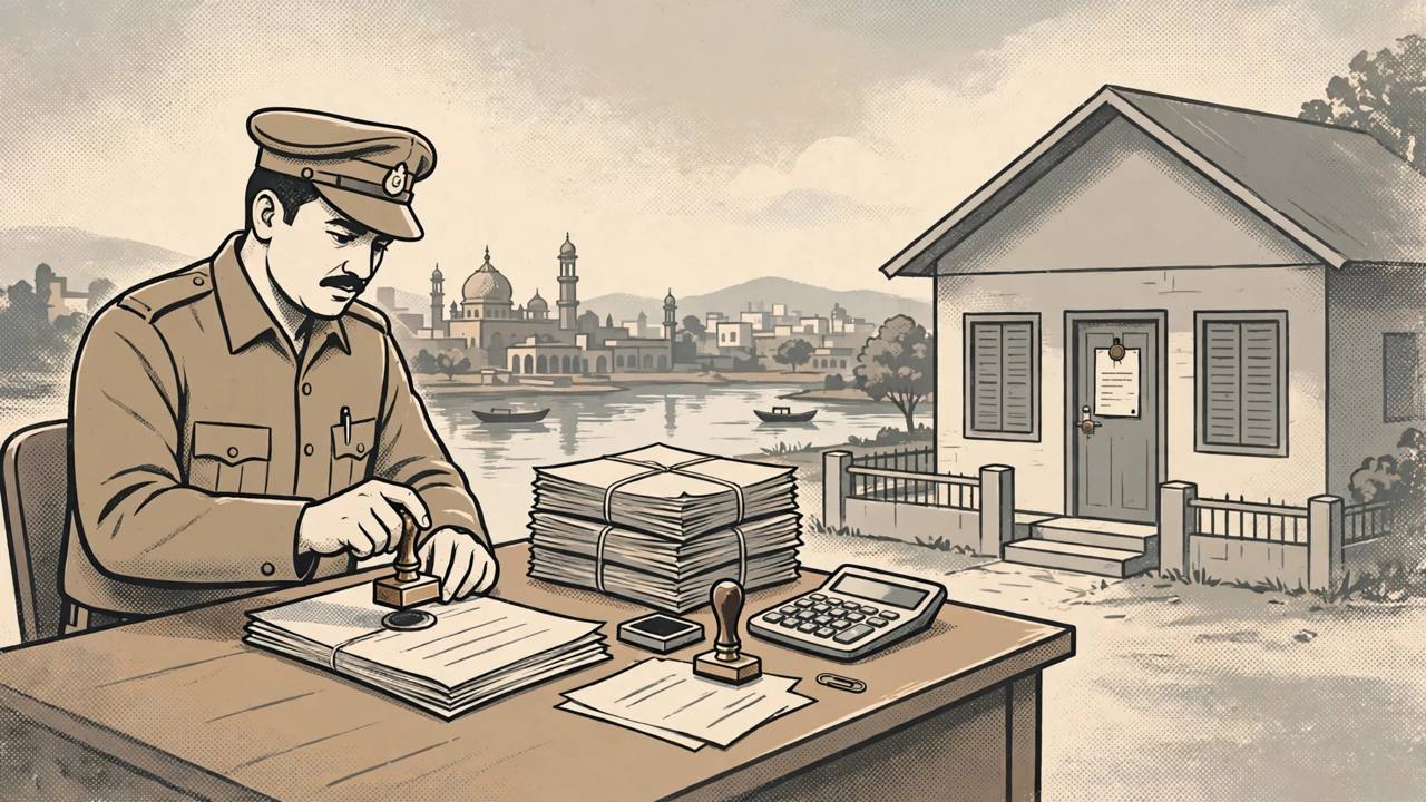Editorial illustration of an enforcement officer attaching property documents in a government scheme fraud investigation in Bhopal