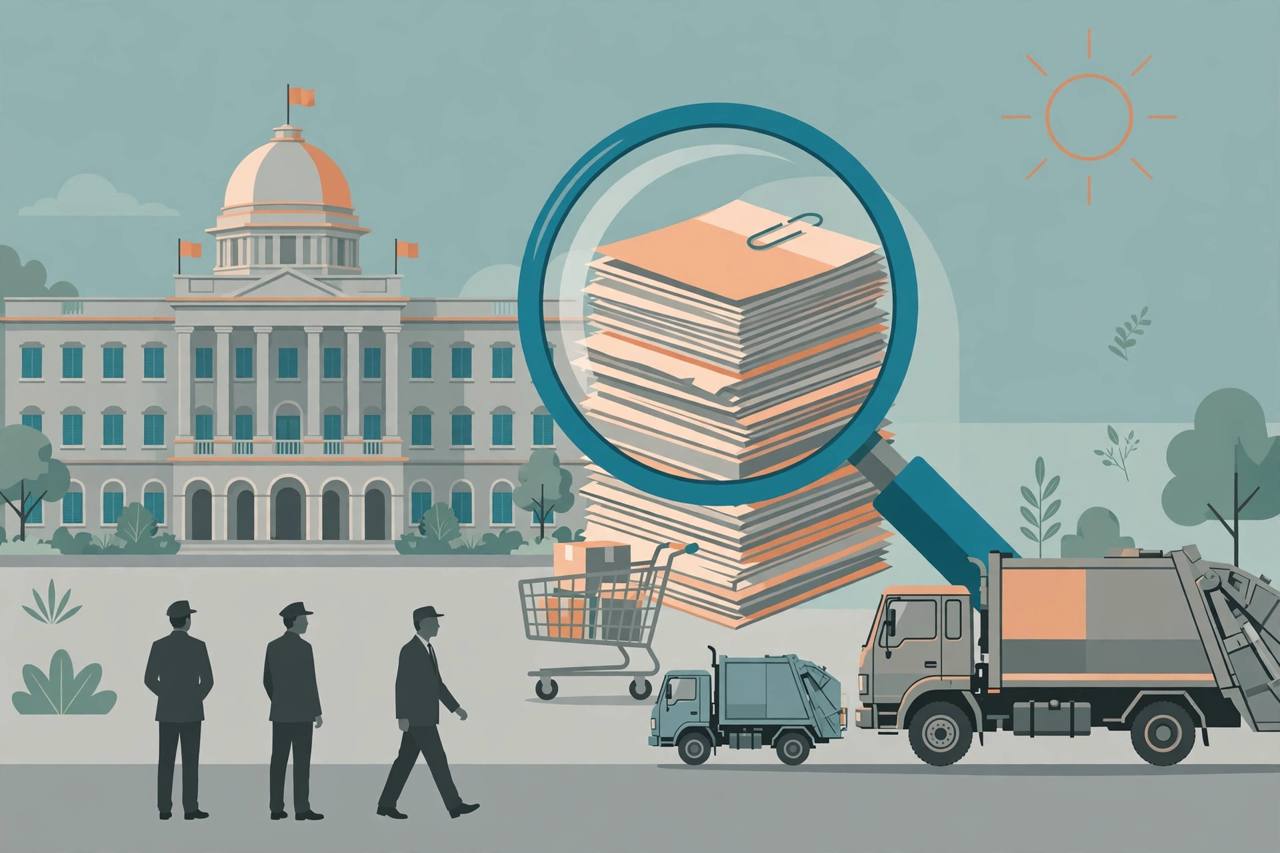 Editorial illustration of a government building, a magnifying glass over procurement files, a shopping cart and two garbage trucks of very different sizes