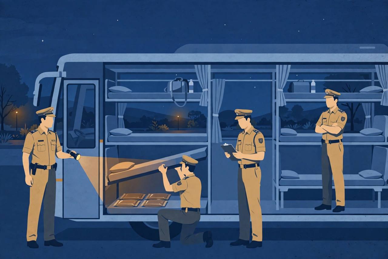 Editorial illustration of officers searching a sleeper bus at night, lifting a berth mattress to reveal four sealed packets underneath