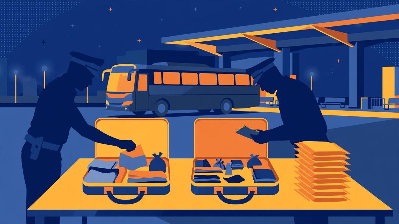Editorial illustration of enforcement officers inspecting trolley bags with sealed packets at an inter-state bus terminal in Bhopal