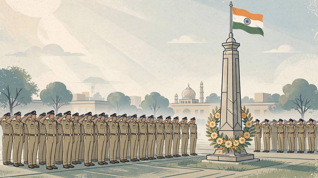 Editorial illustration of police personnel saluting a martyrs' memorial pillar with a wreath and the Indian flag at a commemoration parade