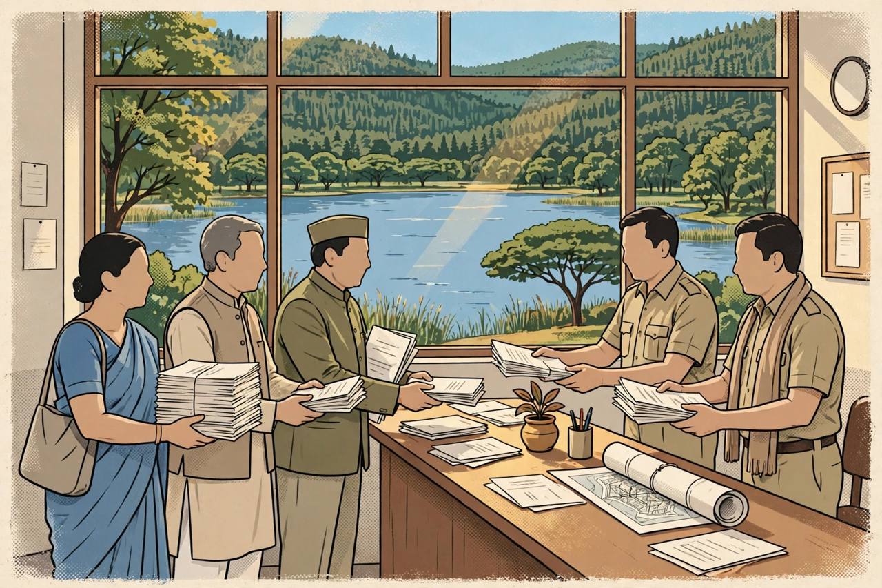Editorial illustration of Bhopal residents handing stacks of objection papers to officials at a planning office counter, with a lake and forest visible through the window