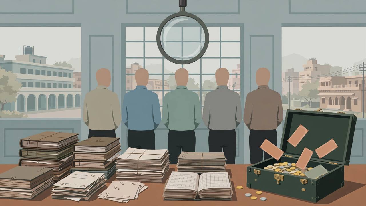(Editorial illustration) Municipal office files and ledgers under a magnifying glass, with officials in a line and money being returned to a treasury box