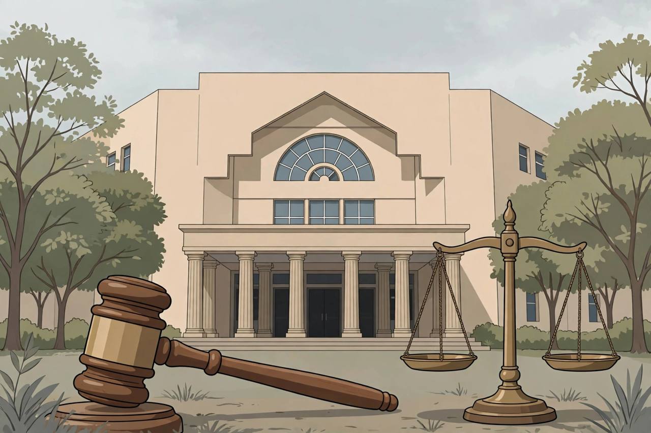 Editorial illustration of a courthouse in Bhopal with a gavel and scales of justice in the foreground