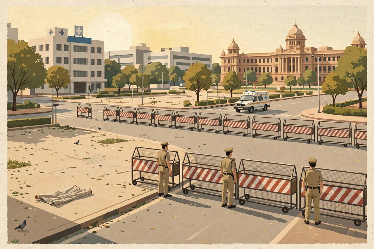 Editorial illustration of a barricaded Bhopal city square with police on duty and an ambulance passing on a clear lane