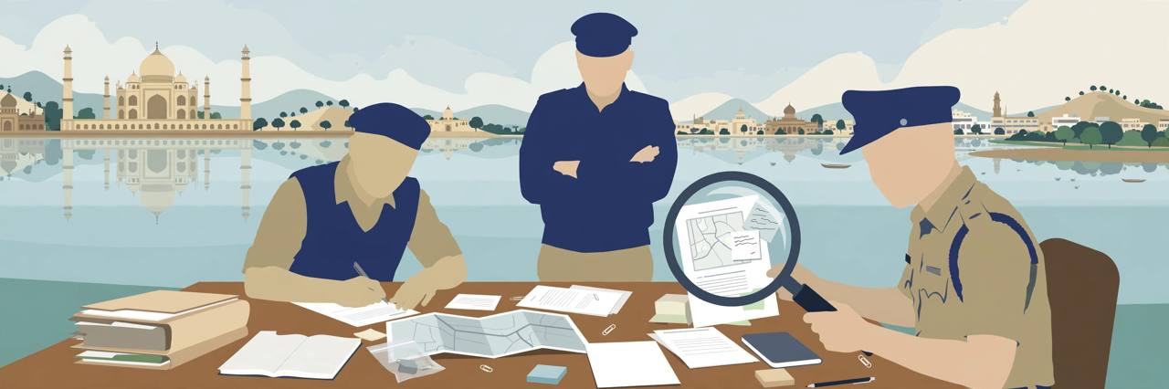Editorial illustration of a police investigation team reviewing case files in Bhopal