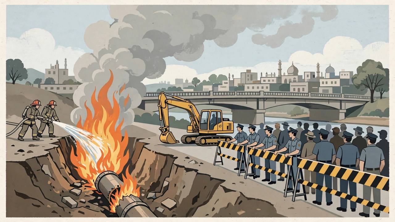 (Editorial illustration) Firefighters spraying water on flames rising from an underground gas pipeline near a bridge in Bhopal while police keep onlookers behind a barrier