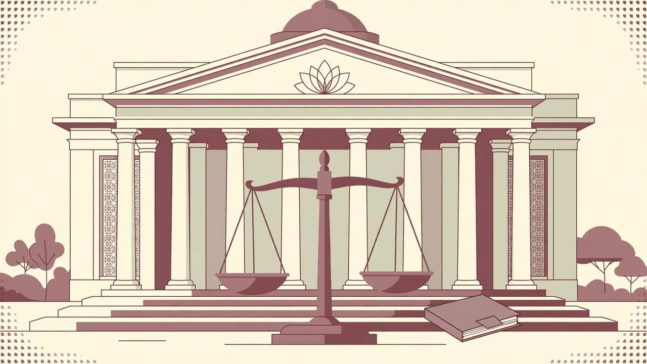 Editorial illustration of a courthouse with a balance scale of justice and a case file on its steps