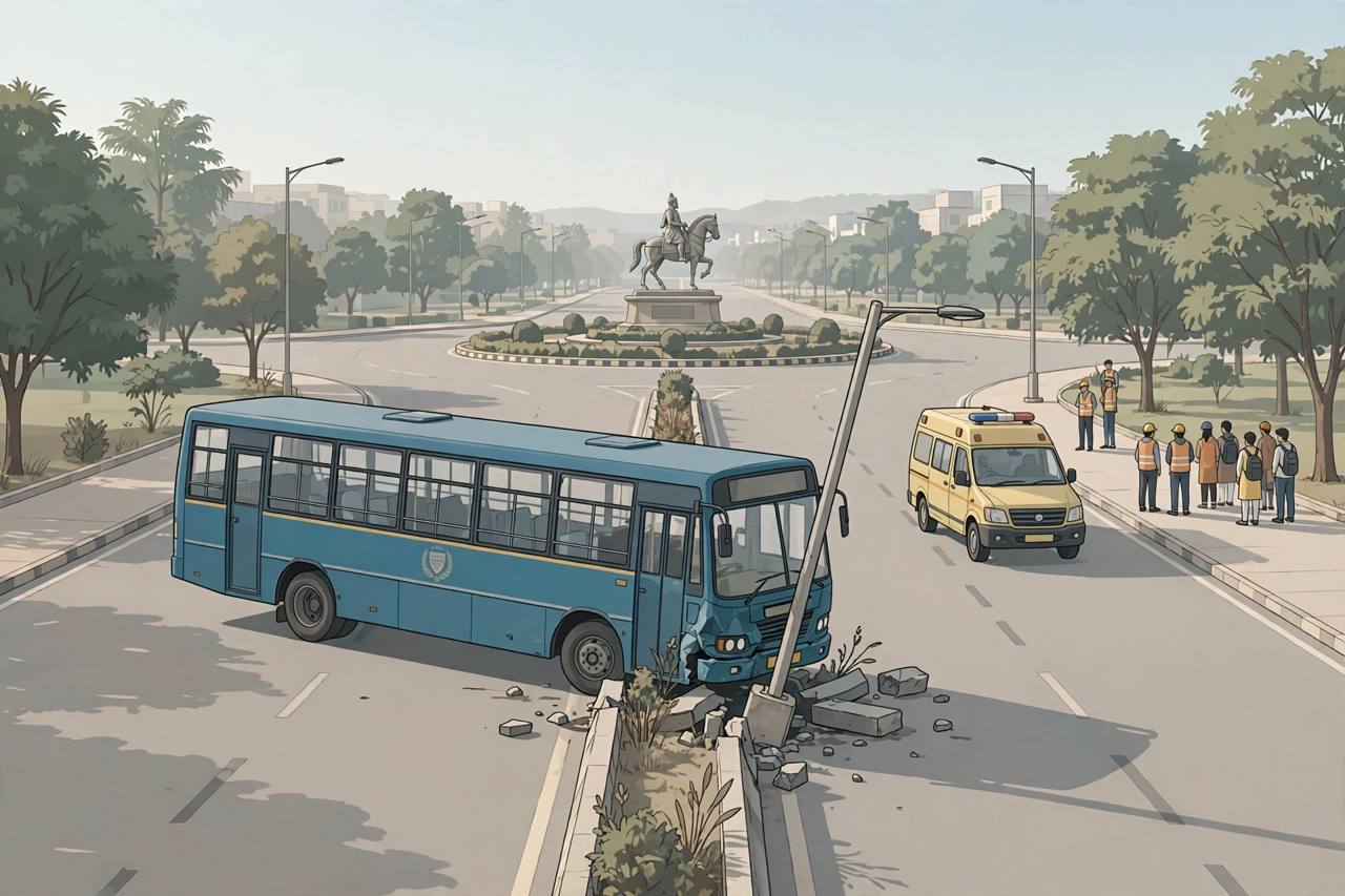 Editorial illustration of a university bus stopped at a road divider and pole on VIP Road in Bhopal, with the Raja Bhoj statue roundabout in the background and an ambulance nearby
