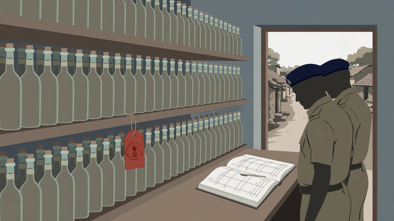 Editorial illustration of sealed liquor bottles on shelves in an excise storage room, with two generic officials inspecting a register and a village lane in the background