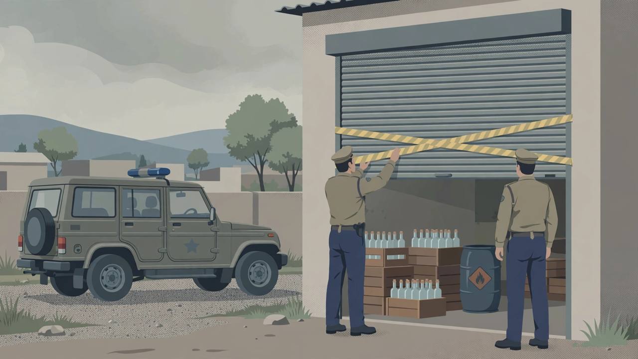 Editorial illustration of police sealing a warehouse with crates of unlabelled bottles and a chemical drum