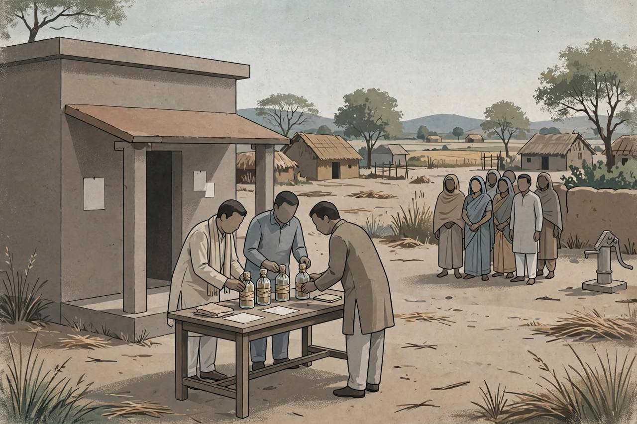 (Editorial illustration) Officials examining sealed evidence bottles outside a village government office in Dewas, Madhya Pradesh, as villagers wait nearby