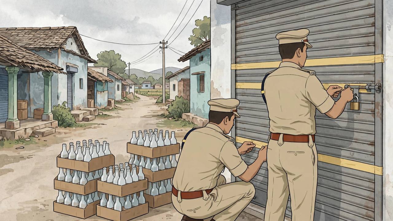 Editorial illustration of police officers sealing a warehouse shutter beside cartons of plain bottles in Dewas, Madhya Pradesh