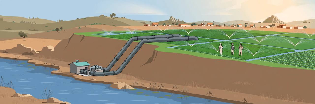 Editorial illustration of a river lift-irrigation pumping station with pipelines carrying water to green sprinkler-irrigated farmland and generic farmers in Dhar district