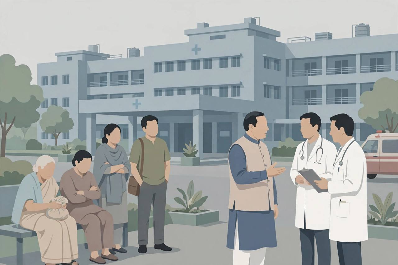 Editorial illustration of a hospital in Bhopal with families waiting outside and a visiting leader speaking with doctors