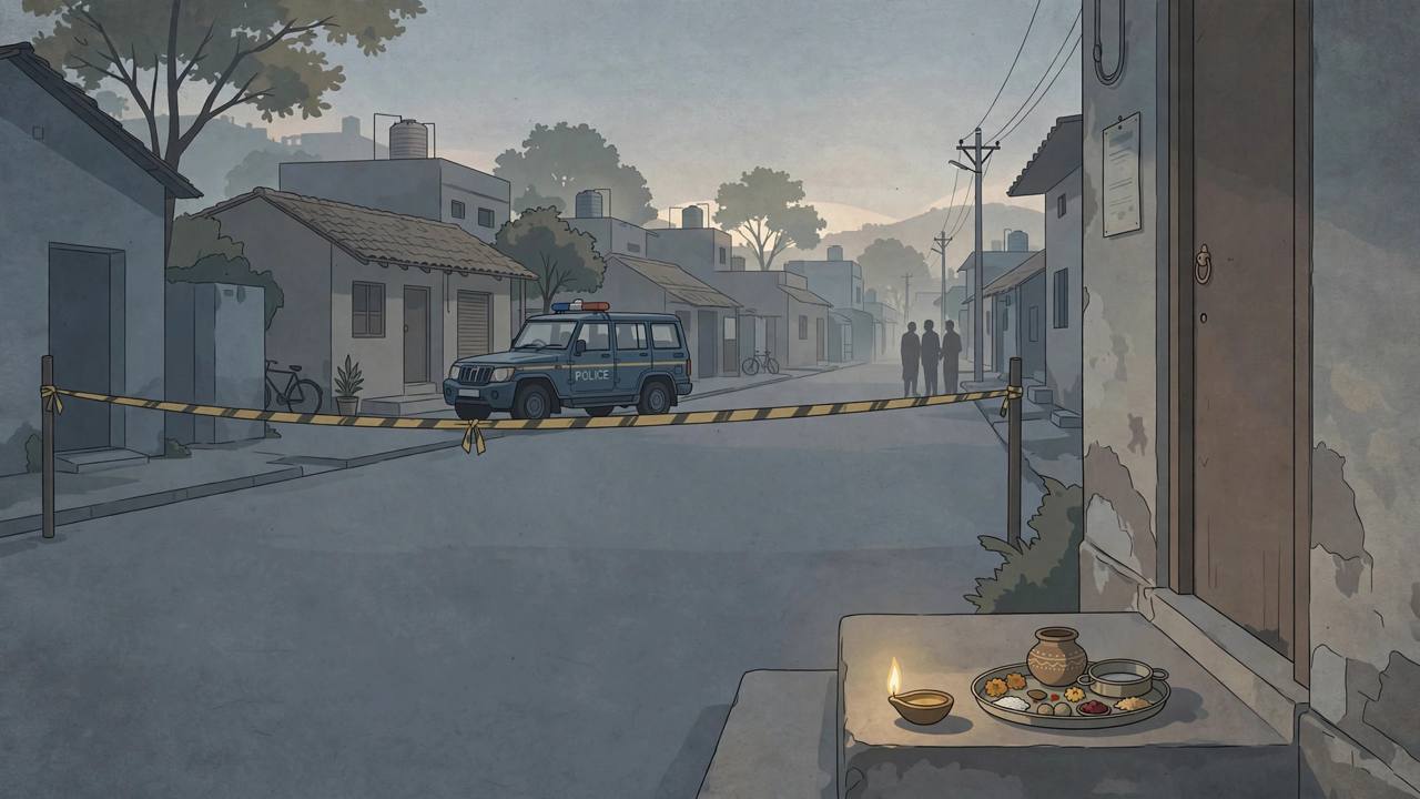 Editorial illustration of a quiet Gwalior residential street at dawn with a police vehicle, a police cordon and a lit Karwa Chauth diya and thali on a doorstep