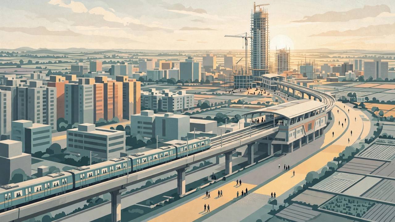 Editorial illustration of a rising Indore skyline with a very tall skyscraper under construction, a metro train on an elevated track and farmland at the city edge