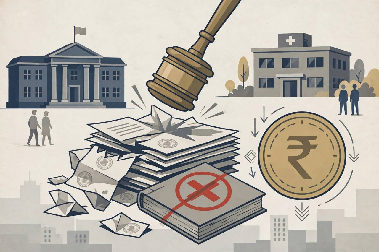Editorial illustration of a judge's gavel over outdated municipal documents with a red cross on an old rulebook, a municipal building and a hospital in the background
