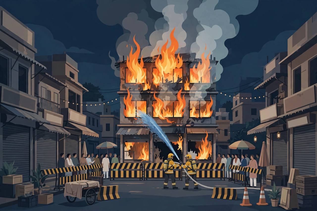Editorial illustration of firefighters spraying water on a burning three-storey shop in a crowded Indore bazaar at night