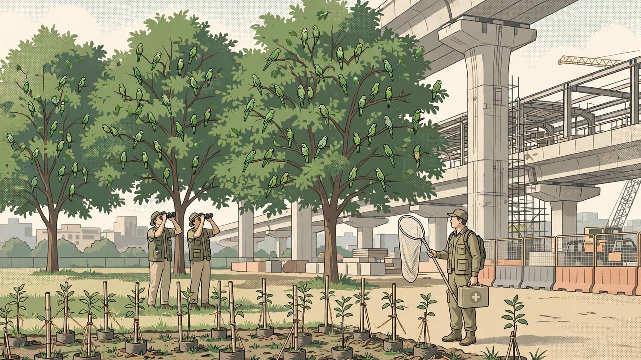 Editorial illustration of large trees full of roosting green parakeets beside an Indore metro construction site, with bird experts, a wildlife rescue worker and newly planted saplings