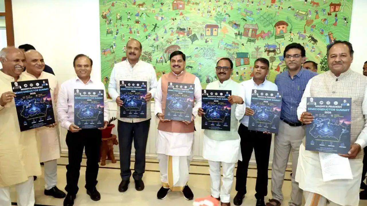 Chief Minister Mohan Yadav and officials holding Madhya Pradesh Semiconductor Summit 2026 posters